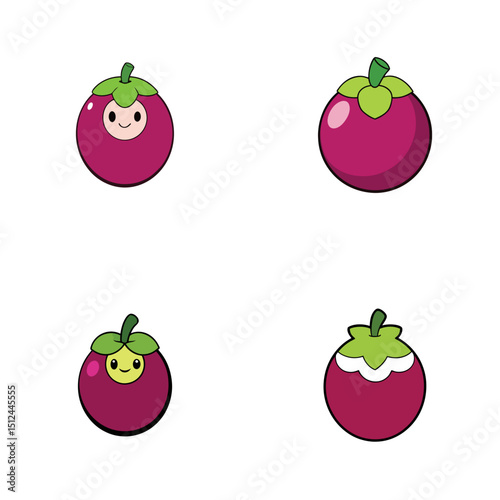 Four mangosteen fruits with different designs and expressions on a white background in a square layout