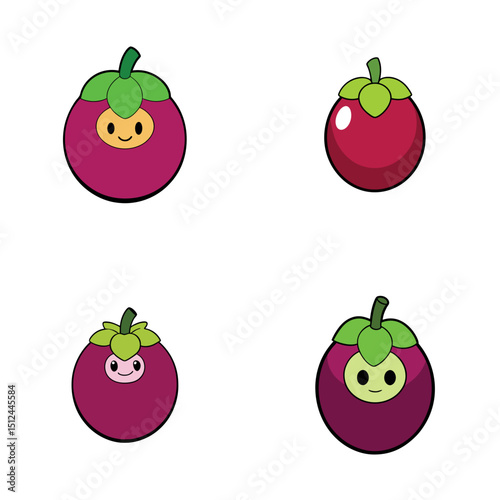 Four mangosteen fruits displayed with two having facial features and two without on a white background
