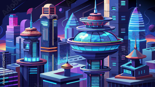 Futuristic skyscraper with floating platforms, glowing neon edges, and glass domes. A night cityscape enhances the sci-fi setting, featuring advanced architecture, innovation, and imaginative structur