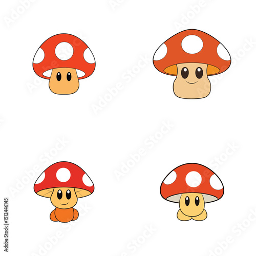 Four cartoon mushrooms with red caps and white spots arranged on a white background in a square format