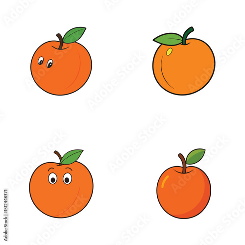 Four cartoon apples with green leaves and brown stems in a square arrangement on white background
