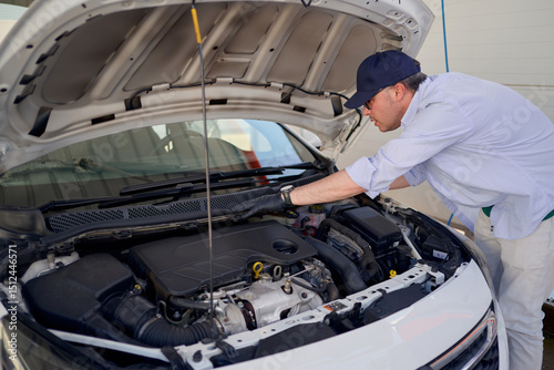 Car maintenance being performed by a mechanic at an auto service station