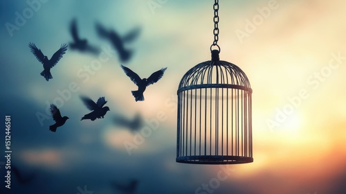 Empty birdcage hanging from chain, free birds flying.