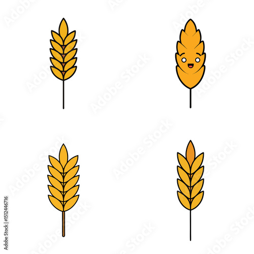 Four wheat stalks with different styles and one with a face on a white background image design art