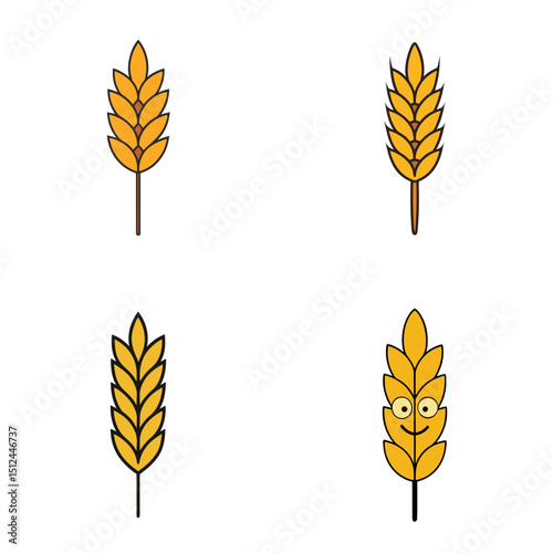 Illustration of four wheat stalks with varying designs and one with a smiling face on a white background