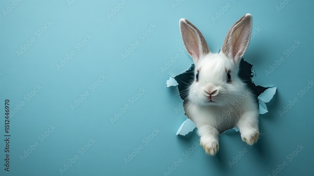 Fototapeta premium Bunny peeking out of a hole in blue wall, fluffy eared bunny easter bunny banner, rabbit jump out torn hole, Generative AI