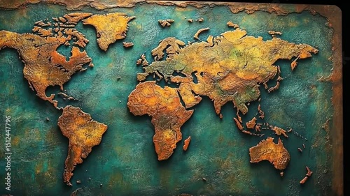 Relief map of the world with an aged antique golden texture on a teal blue background