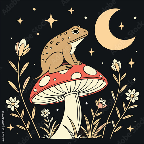 Whimsical and enchanting, this t-shirt design features a dotted frog perched on a vibrant mushroom under a crescent moon. Perfect for nature lovers and those with a flair for the fantastical.