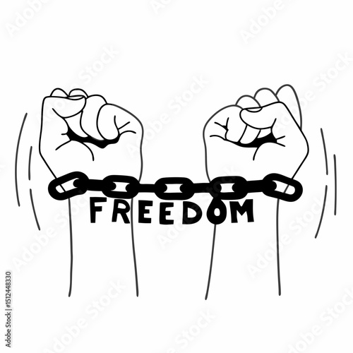 Hands bound by chains, freedom word art, png