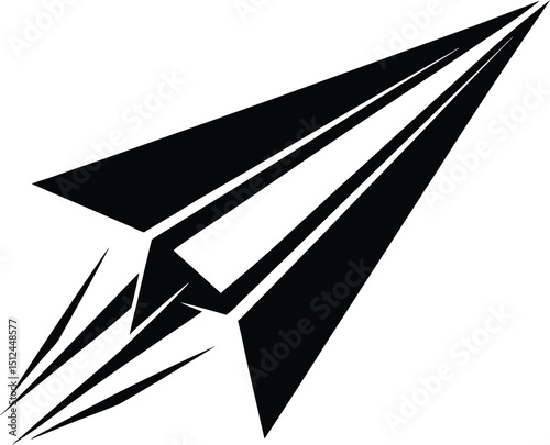 Paper plane silhouette, black vector aircraft, minimalist flight icon, paper airplane clipart, simple flying symbol
