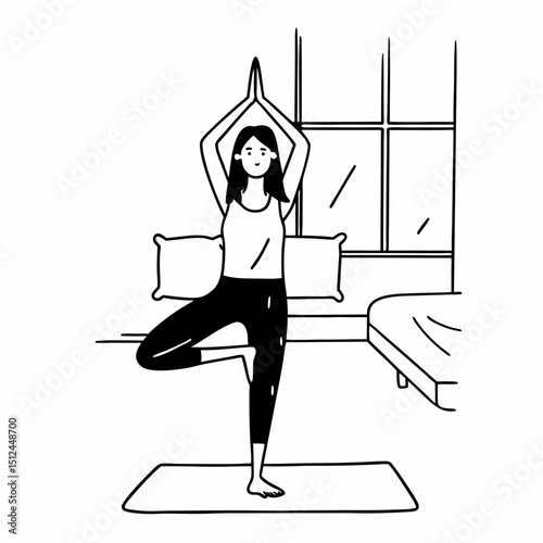 Woman doing yoga tree pose bedroom morning