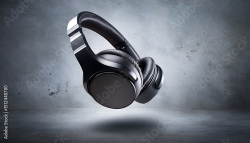 a wireless headphones floating on grey concrete background