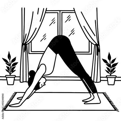 Woman practicing yoga downward dog pose home studio