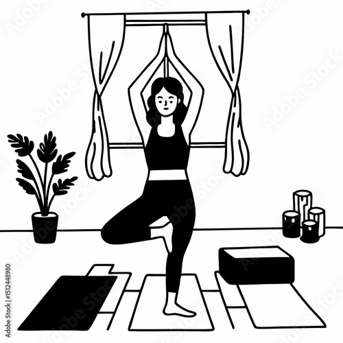 Woman practicing yoga tree pose at home