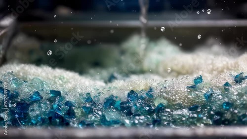 Recycled pet plastic flakes undergoing degassing process, removing impurities through agitation with gas bubbles rising and breaking at solution surface photo