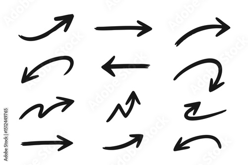 Seta de Direção em Desenho à Mão, Estilo Sketch com Pincel ou Marcador e Sublinhado para Design Vetorial em Fundo Transparente