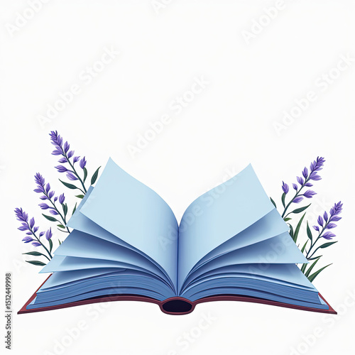 Open book surrounded by lavender flowers in a simple design  