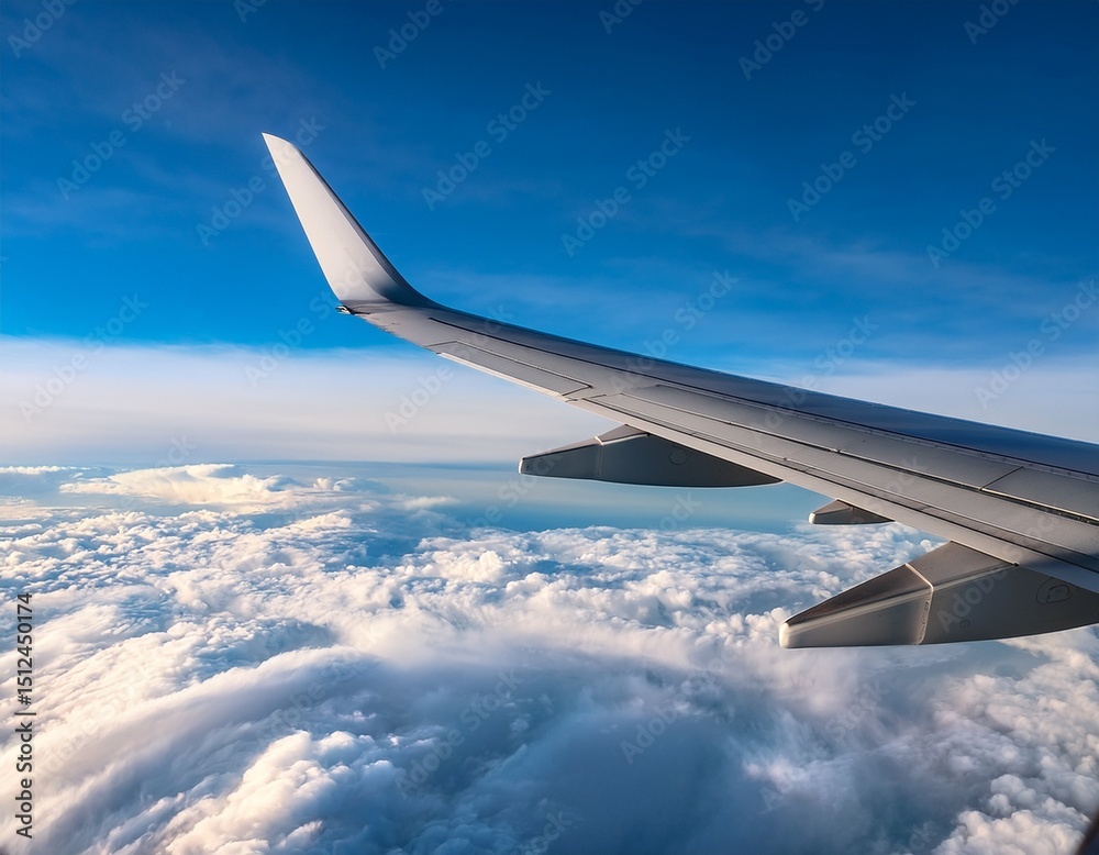 Obraz premium aerial view of an airplane wing soaring above the clouds showcasing the beauty of air travel altitude and the vastness of the sky