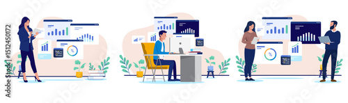Businesspeople analyse data and reports on various digital interfaces, showcasing financial analysis, marketing analytics, and business intelligence process. Flat design vector illustration graphic