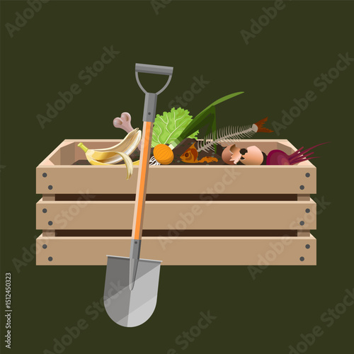 Compost bin with shovel for organic food waste. Vector illustration isolated on dark background.
