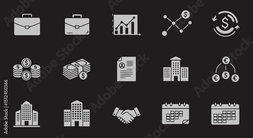 A compilation of business-related icons such as a briefcase, graphs, and buildings on a dark background. Suitable for corporate presentations, financial services, or business applications.