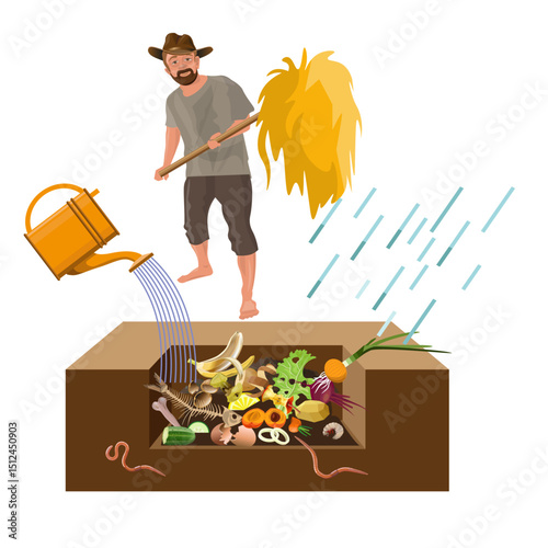 Composting organic waste at home to fertilizer. A man with a pitchfork puts hay in a compost pit. Vector illustration isolated on white background