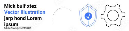 Shield with checkmark for security, gear for functionality, placeholder text. Ideal for technology, software development, cybersecurity, automation, data privacy, productivity simple landing page