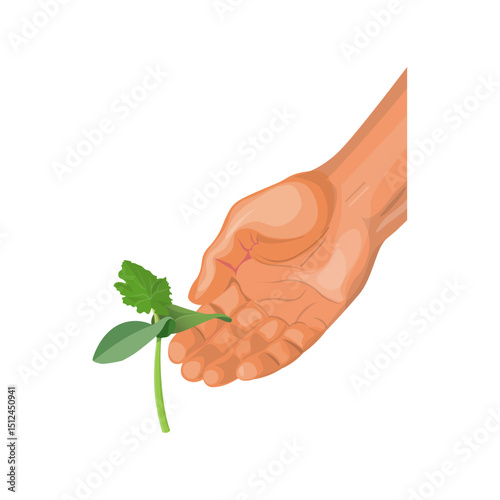 Farmer hand take care of young sprout. Growing plants. Environmental protection. Organic farming. Vector illustration isolated on white background