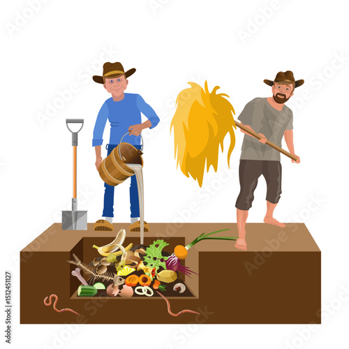 Vector illustration of two farmers making organic compost by adding food scraps and straw into a compost pit. Sustainable farming, waste recycling, soil improvement. Isolated on white.