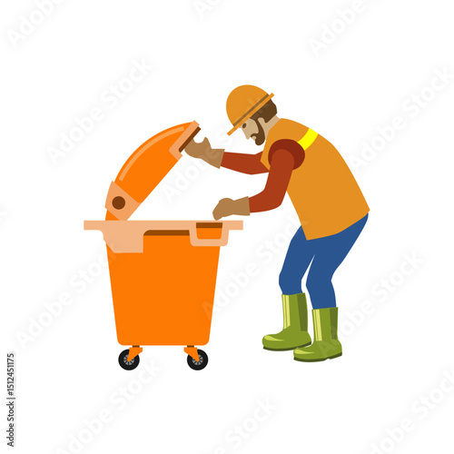 Garbage collection worker opened the trash can lid. Vector illustration isolated on white background