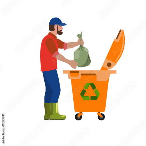 Man throws a bag of trash into a container. Vector illustration isolated on white background