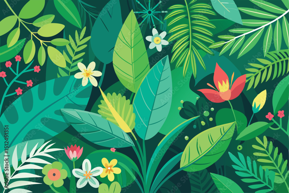 Fototapeta premium Green floral background design featuring leaves suitable for various creative projects with a dog illustration incorporated into the overall composition