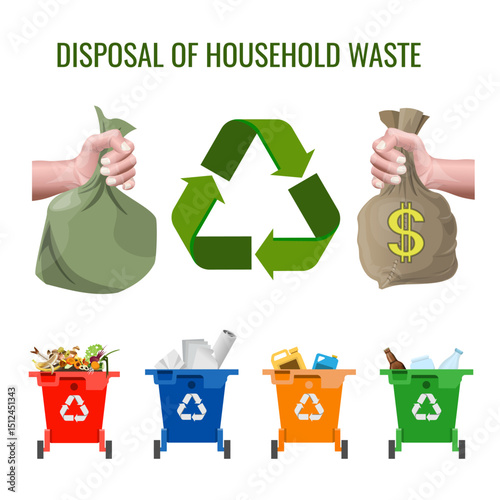 Vector illustration of household waste disposal and recycling. Hands hold garbage and money bags above recycling symbol. Color bins show sorted trash: organic, paper, plastic, and glass.