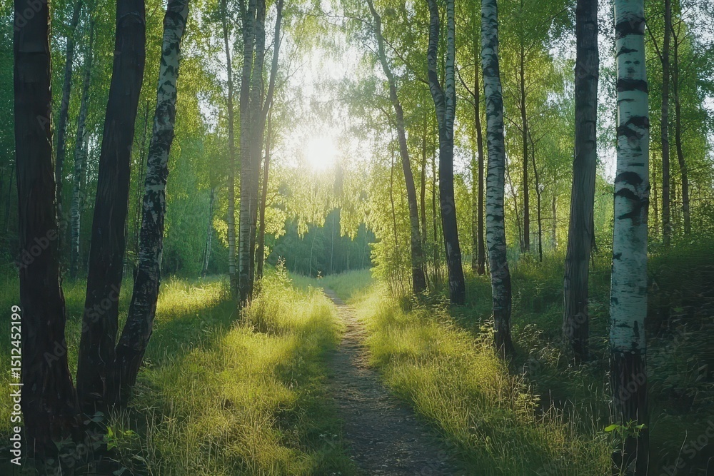 Obraz premium Sunny summer forest in Belarus with a winding path through lush greenery in slow motion, Summer forest in Belarus in a sunny day Slow motion walk through
