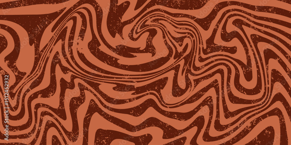 Retro coffee color background. Milk chocolate liquid dessert texture. Wavy swirl candy pattern for poster, cover, banner, pamphlet. Vintage brown trippy hippie wallpaper in 60s or 70s style. Vector