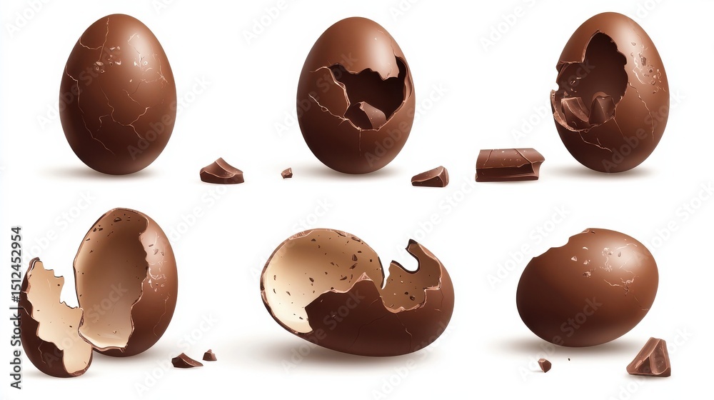 Fototapeta premium Chocolate eggs set. Isolated whole, broken, exploded, cracked and open brown eggs collection. Realistic sweet chocolate candy dessert icons. Vector Easter holiday celebration concept