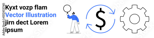 Person holding balloon, dollar symbol with arrows, and gear icon reflect finance, process, and management ideas. Ideal for finance, workflow, innovation, economy collaboration planning simple