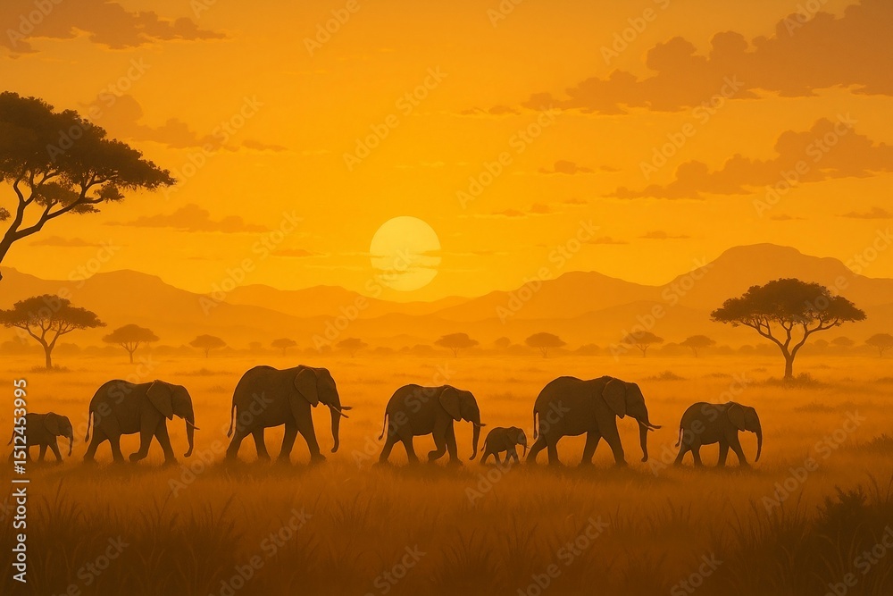 Obraz premium elephants at sunset