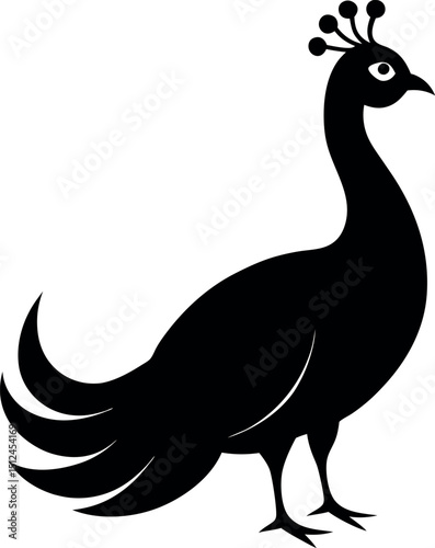 A peacock's elegant silhouette in black and white is set against a minimalist backdrop, its long, flowing tail a testament to its intricate feather details