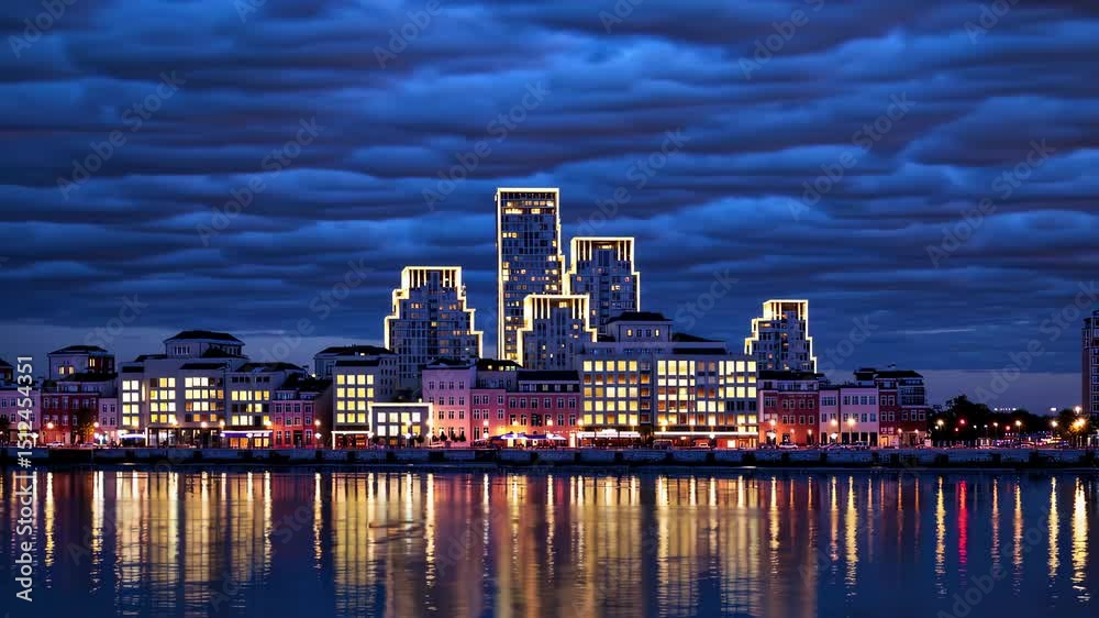 Vibrant city skyline transition: from twilight to night with reflective waters