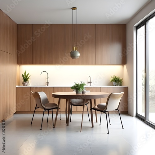A modern kitchen featuring a round wooden table with chairs and sleek wooden cabinets design style