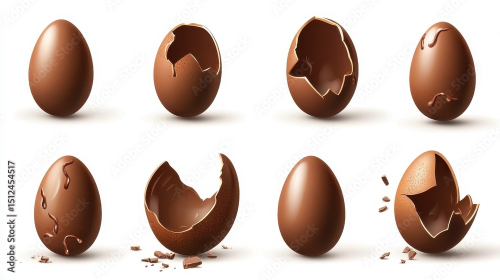 Fototapeta premium Chocolate eggs set. Isolated whole, broken, exploded, cracked and open brown eggs collection. Realistic sweet chocolate candy dessert icons. Vector Easter holiday celebration concept