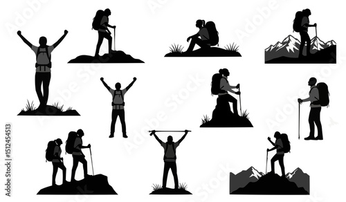Mountain Hiking Backpacker Silhouette Set