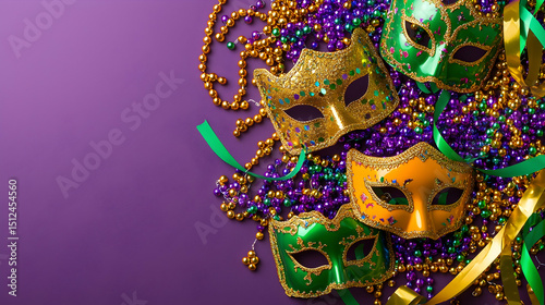 Colorful Mardi Gras Masks And Beads On Purple Background