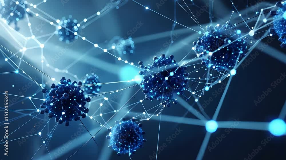 Blue virus particles connected by glowing digital network lines in futuristic medical interface showing abstract scientific visualization

