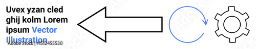 Black left arrow, circular blue arrow, and gear representing flow, cycle, and mechanism. Ideal for workflow, process, mechanical concept, automation teamwork instructions simple landing page