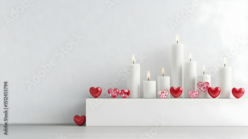 White Candles With Red Hearts Decorative Arrangement