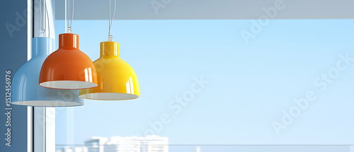 Three Colorful Hanging Lamps Against A Pale Blue Sky