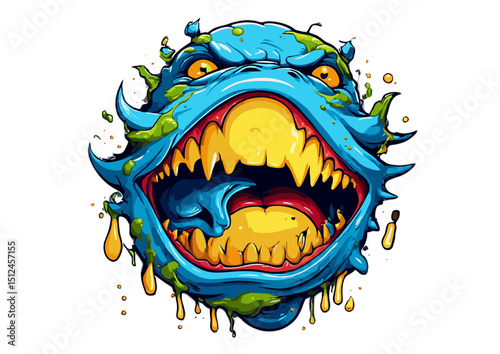 Fearsome Monster Face Illustration Digital Art Print of a Grotesque Creature with Sharp Teeth and Glowing Eyes, Perfect for Horror, Fantasy, and Gothic Art Enthusiasts