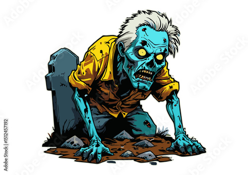 Creepy Zombie Illustration Undead Man Crawling from Grave - Halloween Spooky Artwork